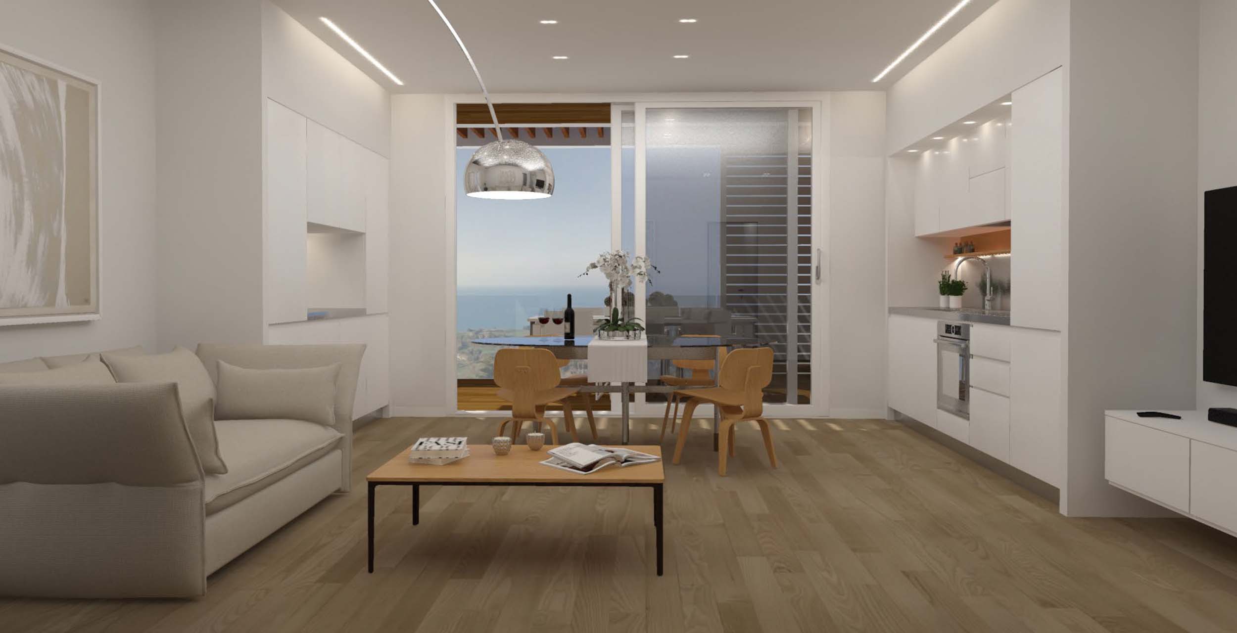 Zona giorno con cucina e vista mare